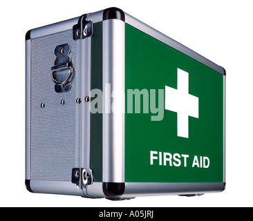 A Silver and green metal first aid box Stock Photo