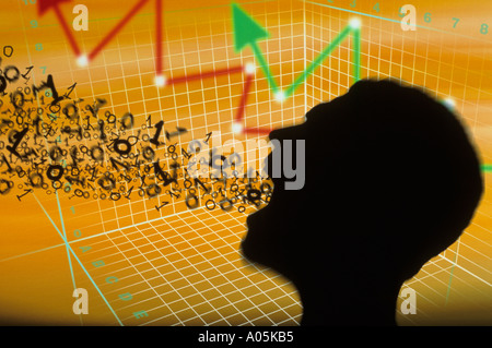 Computer generated conceptual image of a silhouette of a man head screaming numbers denoting business and investments Stock Photo