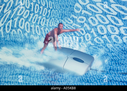 Computer generated image of a man surfing the web on top of a computer mouse Stock Photo