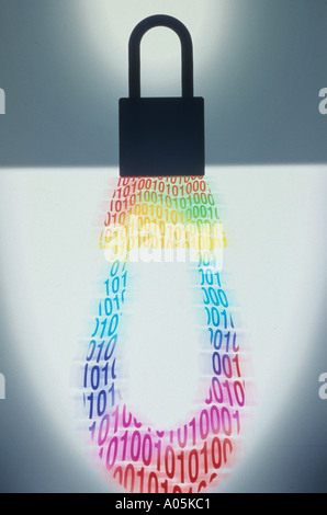 Computer generated image of a padlock and its shadow made up of binary numbers denoting internet and computer security Stock Photo