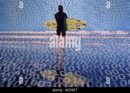 Computer generated image of a surfer looking out into the ocean with numbers superimposed onto the water Stock Photo