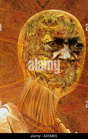Computer generated image of a transparent skull showing cogs wheels and circuitry in his head Stock Photo