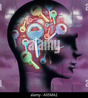 Computer generated image of a person head filled with keys denoting answers to the questions Stock Photo