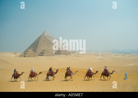 A camel caravan crosses in front of the Great Pyramids of Giza near Cairo Egypt Stock Photo