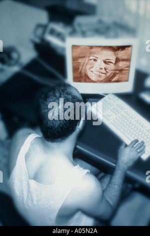 Man and woman communicate on the internet via an eye camera Stock Photo