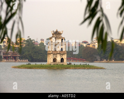 Vietnam Hanoi Centre Old Quarter Hoan Kiem Lake Thap Rua the Tortoise Turtle Pagoda and Huc Bridge to Ngoc Son Temple Stock Photo