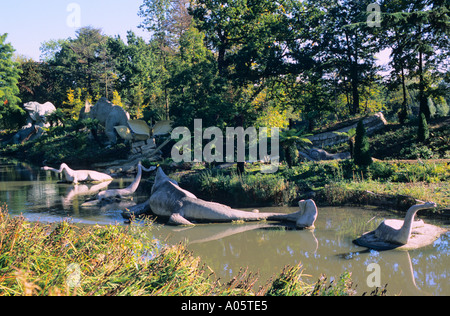 Crystal Palace Park Dinosaur models newly restored Sydenham London UK Stock Photo