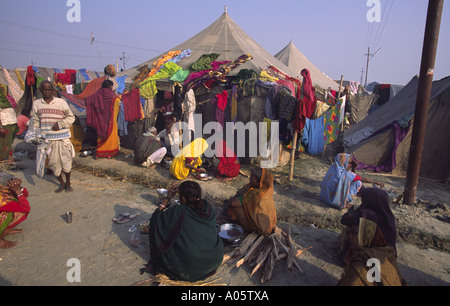 Pilgrims living by the Ganges in tents. Khumb Mela festival 2001-Allahabad, Uttar Pradesh, India. Stock Photo