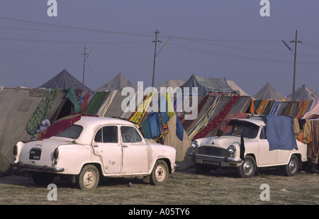 Pilgrims living by the Ganges in tents. Khumb Mela festival 2001-Allahabad, Uttar Pradesh, India. Stock Photo