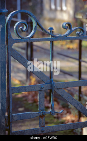 Latch lever mechanism on an ornate wrought iron gate, Tunstal Reservoir, Weardale, Co. Durham, England, UK. Stock Photo