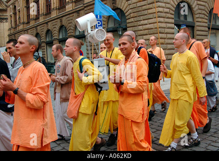 Street chanting of Hare Krishna by Harinamas in Prague Czech Stock Photo