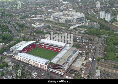 Aerial view of Arsenal Football Club showing the Highbury Stadium & the Emirates Stadium, home of the Gunners or the Gooners Stock Photo