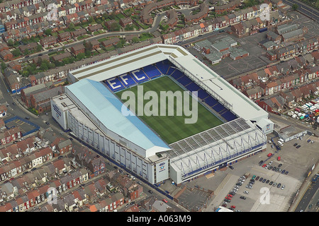 Aerial view of Everton Football Club in Liverpool also known as Goodison Park, home to the Toffees or Toffeemen and the Blues