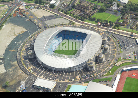 Aerial view of Manchester City Football Club who play at the City of Manchester Stadium. The team is known as City & the Blues