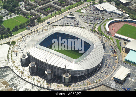 Aerial view of Manchester City Football Club who play at the City of Manchester Stadium. The team is known as City & the Blues