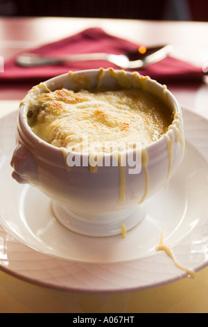Onion Soup with Melted Cheese Topping at La Chicoree Restaurant Lille Stock Photo