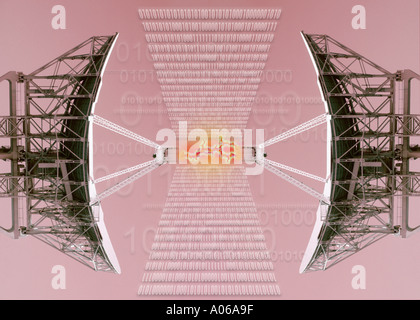 Communications satellite dish. Up link and binary numbers Stock Photo