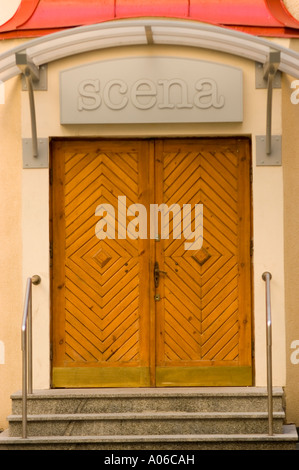 Wooden double door with Estrada sign above, featuring a chevron pattern, stone steps, and a curved awning at the entrance of a building. Stock Photo