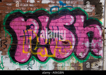 Urban graffiti with the word PISH spray painted in thick bold letters on an abandoned warehouse wall in urban Dundee, UK Stock Photo