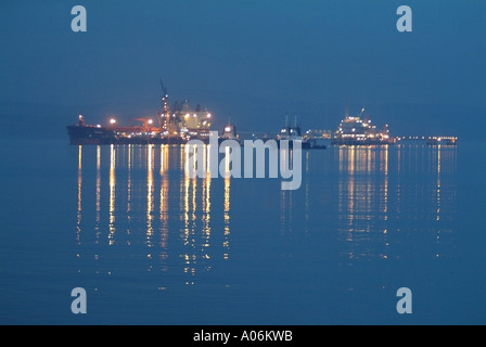 The BP Hound Point oil terminal at night from Hawes Pier, South Queensferry, Scotland, UK Stock Photo