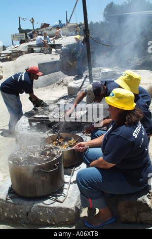 Beach bar and restaurant at Langebaan on the West Coast north of Cape Town South Africa RSA mussels being cooked in large pots Stock Photo