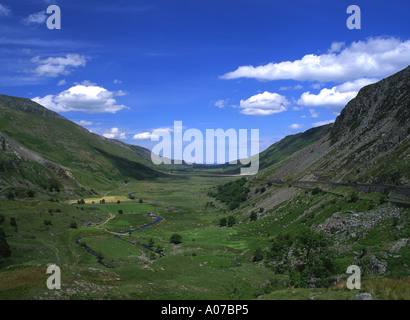 Nant Ffrancon Near Bethesda Ogwen valley and river Lush green scenery with rocky mountains Snowdonia North Wales UK Stock Photo