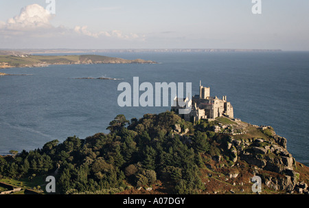 view of aerial photograph of St Michaels Michael's Mount Cornwall Stock Photo