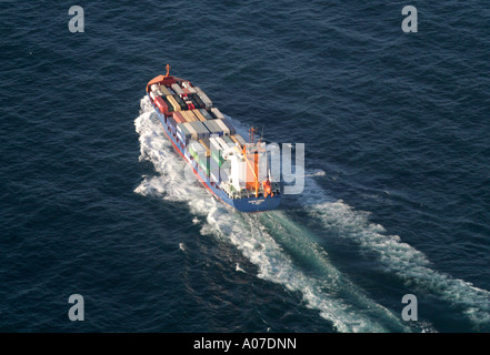 aerial view looking down on high angle of a container ship off Lands End Stock Photo