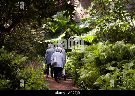 Elderly women in blue coats walking away from the camera through formal quarry gardens at Belsay Hall Northumberland Stock Photo