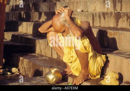 Old Man Bathing in the ganges in India Stock Photo
