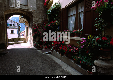 A display of geraniums and Pelargoniums on a house in the old town of Tarascon-sur-Ariege, French Pyrenees. Stock Photo