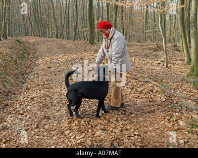 MR PR person woman with a red cap taking a dog for a walk in autumn on a road covered with leaves in forest Stock Photo
