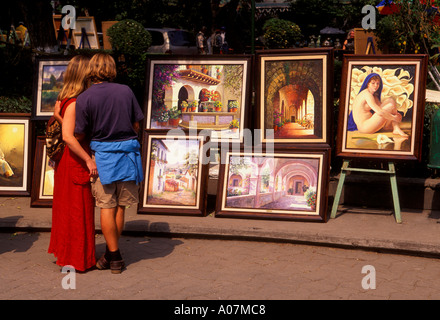 vendor, paintings, Saturday Bazaar, Bazar Sabado, San Jacinto Plaza, San Angel, Mexico City, Federal District, Mexico Stock Photo