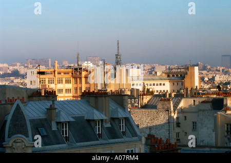 Paris, France, Cityscape Aerial Overview  With Cell Phone, Tree Relay 'Telephone Antennas' on Picturesque Paris rooftops Stock Photo