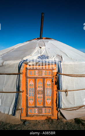 Traditionally painted door of a ger in the Gobi desert of Outer Mongolia. Stock Photo
