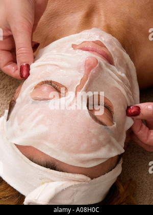 Middle aged woman getting a face skin mask applied during treatment in a beauty salon Stock Photo