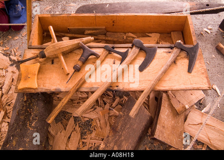 A tool box of the simple traditional woodworking tools used by the Vikings to build their longships Stock Photo