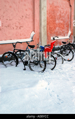 Bicycles in snow Helsinki, Finland Stock Photo