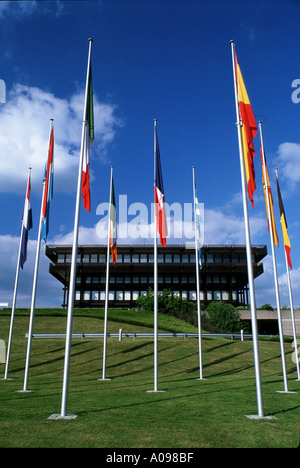 Flags of European countries in front of the old Building of the European Court of Justice in Luxembourg Stock Photo