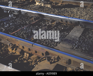 Fish-plated thermal expansion joint in railway lines, UK. Stock Photo