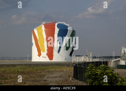 A view of the Keyspan Tank (formerly Boston Gas) on I-93 in  Dorchester, Massachusetts.  The largest copyrighted piece of art in Stock Photo