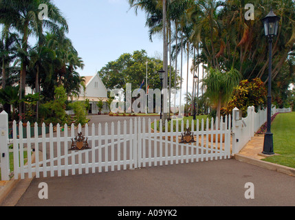 The white picket gates and driveway to Government House, Darwin City Northern Territory Australia Stock Photo