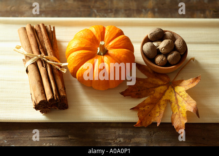 Autumn still life with pumpkin, cinnamon, nutmeg, spices and maple leaf. Stock Photo