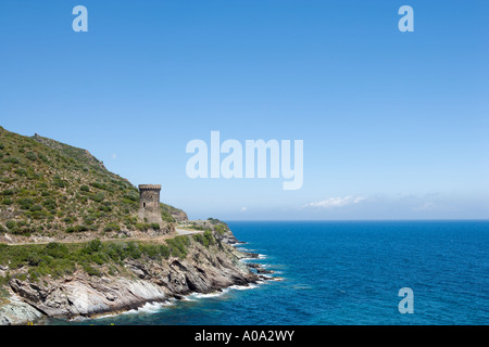 Genoese watchtower on the coast road near Macinaggio, Meria, Cap Corse, Corsica, France Stock Photo