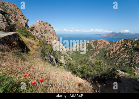 Les Roches Rouges (Red Rocks) on the coast road between Piana and Porto, Gulf of Porto, Corsica, France Stock Photo