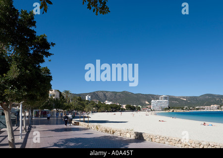 Beach and Promenade in Winter, Palma Nova, Bay of Palma, Mallorca, Balearic Islands, Spain Stock Photo