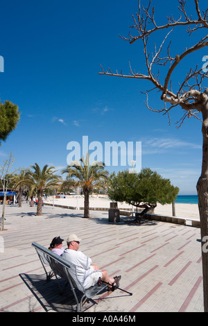 Beach and promenade in the winter season, Palma Nova, Bay of Palma, Mallorca, Balearic Islands, Spain Stock Photo