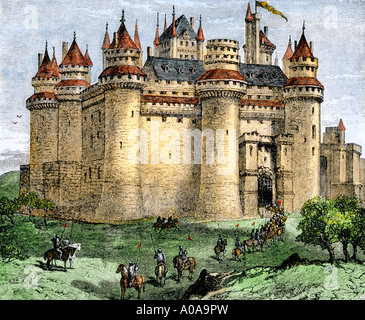 Knights entering a medieval castle. Hand-colored woodcut Stock Photo