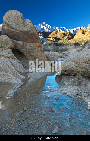 Small stream in Alabama Hills with Lone Pine Peak and Mt Whitney California Stock Photo