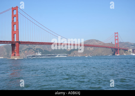 US Navy aircraft carrier USS Nimitz (CVN 68) passing under Golden Gate Bridge San Francisco during Navy Week  October 2006 Stock Photo